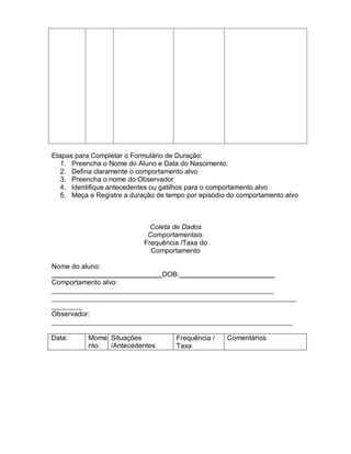 Etapas para Completar o Formulário de Duração:
1. Preencha o Nome do Aluno e Data do Nascimento:
2. Defina claramente o comportamento alvo
3. Preencha o nome do Observador
4. Identifique antecedentes ou gatilhos para o comportamento alvo
5. Meça e Registre a duração de tempo por episódio do comportamento alvo
Coleta de Dados
Comportamentais.
Frequência /Taxa do
Comportamento
Nome do aluno:
DOB:
Comportamento alvo:
Observador:
Data: Mome
nto:
Situações
/Antecedentes
Frequência /
Taxa
Comentários
 