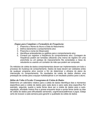 Etapas para Completar o Formulário de Frequência:
1. Preencha o Nome do Aluno e Data do Nascimento:
2. Defina claramente o comportamento alvo
3. Preencha o nome do Observador
4. Identifique antecedentes ou gatilhos para o comportamento alvo
5. Comece por registrar a freqüência do comportamento alvo. Contagem de
freqüência podem ser tomadas utilizando uma marca de registro em uma
prancheta ou um pedaço de mascaramento fita conectadas a mesa do
estudante ou usando um contador de mão que podem ser comprado.
Os métodos de coleta de dados comportamentais devem ser implementados em todo o
processo de mudança de comportamento. Dados de base devem ser coletados antes
de qualquer programa ativo ocorrer a fim de determinar a eficácia do plano de
intervenção no comportamento. Os resultados da coleta de dados oferece uma
prestação de contas para a equipe multidisciplinar e um resultado positivo para o aluno.
Idéias da Volta à Escola: Cronograma de Coleta de Dados
Determine um calendário rotativo para a coleta de dados Identifique dias e momentos
específicos para a coleta de dados para cada aluno e para cada área específica Por
exemplo, segunda, quarta e sexta feiras deve ser a coleta de dados para a auto-
regulação, atividade motora fina e grossa enquanto terça e quinta feiras serão os dias
de coleta de dados para dificuldades sensoriais, cognitivas/acadêmicas e jogos. Esteja
certo de revezar a cada semana para garantir a qualidade da coleta de dados
 