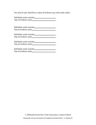 © 2008 pela Escola New York Center para o Autism Charter
Financiado através da doação da Fundação da família Rita J. e Stanley H.
Nas salas de aula, identificar os tipos de lembretes que estão sendo usados
Habilidade sendo ensinada
Tipo de lembrete usado
Habilidade sendo ensinada
Tipo de lembrete usado
Habilidade sendo ensinada
Tipo de lembrete usado
Habilidade sendo ensinada
Tipo de lembrete usado
Habilidade sendo ensinada
Tipo de lembrete usado
 