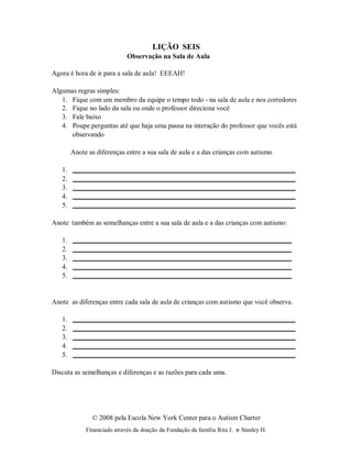 © 2008 pela Escola New York Center para o Autism Charter
Financiado através da doação da Fundação da família Rita J. e Stanley H.
LIÇÃO SEIS
Observação na Sala de Aula
Agora é hora de ir para a sala de aula! EEEAH!
Algumas regras simples:
1. Fique com um membro da equipe o tempo todo - na sala de aula e nos corredores
2. Fique no lado da sala ou onde o professor direciona você
3. Fale baixo
4. Poupe perguntas até que haja uma pausa na interação do professor que vocês está
observando
Anote as diferenças entre a sua sala de aula e a das crianças com autismo
1.
2.
3.
4.
5.
Anote também as semelhanças entre a sua sala de aula e a das crianças com autismo:
1.
2.
3.
4.
5.
Anote as diferenças entre cada sala de aula de crianças com autismo que você observa.
1.
2.
3.
4.
5.
Discuta as semelhanças e diferenças e as razões para cada uma.
 