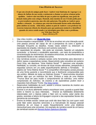 Uma História de Sucesso:
O que um círculo de amigos pode fazer: Andrew tem Síndrome de Asperger e os
alunos do ônibus da sua escola o ensinaram a chamar as outras crianças pelos
apelidos. Andrew não tem idéia do que as palavras significam, mas gosta da
atenção dada pelos seus colegas. Hannah, uma menina do seu Círculo pediu para
os provocadores pararem, mas eles não quiseram. Ela pediu ao Andrew para
mediar a situação. As crianças que estavam brincando foram então abordadas
pelos adultos na escola. Além disso, ambos os pais de Andrew e seu professor de
recursos tomaram ciência da situação para que pudessem ensiná-lo a identificar
quando ele estava sendo usado e as estratégias para lidar com o problema.
(em “With Open Arms [De
Braços Abertos], p 85)
• Use vídeo modelo—ver Model Me Kids
• Ensine empatia e reciprocidade. A fim de se envolver em uma interação social,
uma pessoa precisa ser capaz de ver a perspectiva do outro e ajustar a
interação Enquanto os desafios, muitas vezes exibem ou distorcem as
expressões de empatia, indivíduos com autismo costumam
ter capacidade de empatia. Isto pode ser ensinado, fazendo um estudante
consciente - e fornecer o vocabulário associado - por meio de comentários e
conscientização de sentimentos, de estados emocionais, do reconhecimento de
expressões faciais e não verbais dos outros.
• Use narrativas sociais e cartazes sociais como ferramentas para descrever e
definir regras e expectativas sociais. Desenvolvido pela consultora em autismo
Carol Gray, ela descreve: "Uma História Social" ™ descreve uma situação,
habilidade, ou conceito, em termos de dicas sociais relevantes, perspectivas e
respostas comuns em um estilo especificamente definido e formatado. O
objetivo de "Uma História Social ™ é compartilhar informações sociais precisas
de uma forma paciente e reconfortante que é facilmente compreendida pelo
seu público. Metade de todas as Histórias Sociais ™ desenvolvidas deveriam
afirmar algo que um indivíduo faz bem. Embora a meta de uma História
™nunca deve ser para mudar o comportamento do indivíduo, uma melhor
compreensão do indivíduo, de eventos e de expectativas podem levar a
respostas mais eficazes” Fonte: The Gray Center.
• Desenvolver habilidades de ouvir, assistir e ensinar maneiras de mostrar aos
outros que ele está escutando.
• Ensinar a um aluno altamente verbal a reconhecer como, quando e quanto falar
sobre si mesmo ou seus interesses. Ensinar as habilidades diretamente
relacionadas com o tópicos sobre o falar com os outros, estar ciente dos
gostos, aversões e leitura da linguagem corporal e das expressões faciais dos
parceiros de conversação.
• Ensine os limites sociais- coisas que você não deve falar (ou com quem você
pode falar sobre assuntos sensíveis) e a manutenção de espaço pessoal
(distância de um braço é usado frequentemente como uma distância
mensurável para uma conversa). Um exemplo de narrativa social de um banco
de narrativas sociais em Kansas Autism Spectrum Disorder.
 