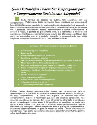 Quais Estratégias Podem Ser Empregadas para
o Comportamento Socialmente Adequado?
Cada indivíduo do espectro do autismo tem esquisitices em seu
comportamento. Podem variar desde movimentos físicos repetitivos com uma provável
base sensorial (braço ou mão batendo e outros auto-estimulação ações) até a agressão e
comportamentos destrutivos que muitas vezes são o resultado da frustração ou mesmo
dor. Obsessões, inflexibilidade adesão, aparentemente a rotinas não-funcionais, a
adesão a regras, a padrões de pensamento literal, e à resistência à mudança são
exemplos de manifestações comportamentais comuns das diferenças neurológicas bem
como as associadas com a ansiedade, frustração e desorganização que estão
freqüentemente presentes em um indivíduo com a vida do autismo.
Exemplos de Comportamentos Comuns no Autismo
• Contato visual pouco ou nenhum
• Parece surdo
• Desenvolvimento desigual das habilidades
• Resistência a mudanças na rotina
• Marcada hiperatividade e / ou extrema passividade, que podem se alternar
• Menor demonstração de sinais típicos de afetos
• Estranhos movimentos do corpo ou posturas (curvado, rotação, etc.)
• Pouco ou nenhum medo aparente de perigos reais, mas o medo
muitas vezes significativo de situações aparentemente benignos ou
coisas
• Risadas inadequadas ou chorar
• Apego inapropriado a objetos
• Comer, dormir, ir ao banheiro esquisitices
• Ações agressivas ou auto-lesivas
• • Pica-comer produtos não alimentares
Embora muitos desses comportamentos possam ser perturbadores para a
aprendizagem ou a interação, é fundamental procurar entender a causa, ou a função,
de cada comportamento. A chave para suportar um indivíduo com esses
comportamentos atípicos é reconhecer que não são escolhas conscientes, mas
sintomas neurológicos da doença. Em vez de só pensar na eliminação e remediação
de um comportamento, muitas vezes é útil considerar as estratégias de apoio para
ajudar o aluno a lidar com, gerenciar ou substituir esses comportamentos - ou as
sensações que os dirigem. Também é importante lembrar que alguns 'comportamentos'
no autismo podem realmente ser para um modelo de aluno. - muitos indivíduos são
seguidores de regra estrita ou excelentes alunos que podem ter uma influência positiva
sobre os colegas ao seu redor.
 