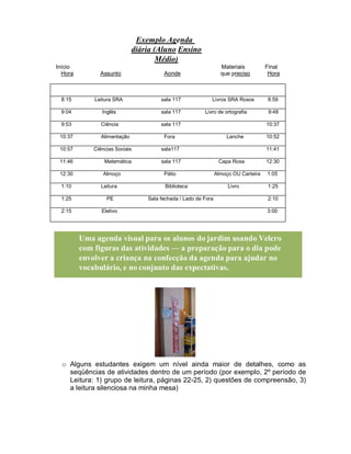 Exemplo Agenda
diária (Aluno Ensino
Médio)
Início Materiais Final
Hora Assunto Aonde que preciso Hora
8:15 Leitura SRA sala 117 Livros SRA Roxos 8:59
9:04 Inglês sala 117 Livro de ortografia 9:48
9:53 Ciência sala 117 10:37
10:37 Alimentação Fora Lanche 10:52
10:57 Ciências Sociais sala117 11:41
11:46 Matemática sala 117 Capa Roxa 12:30
12:30 Almoço Pátio Almoço OU Carteira 1:05
1:10 Leitura Biblioteca Livro 1:25
1:25 PE Sala fechada / Lado de Fora 2:10
2:15 Eletivo 3:00
Uma agenda visual para os alunos do jardim usando Velcro
com figuras das atividades — a preparação para o dia pode
envolver a criança na confecção da agenda para ajudar no
vocabulário, e no conjunto das expectativas.
o Alguns estudantes exigem um nível ainda maior de detalhes, como as
seqüências de atividades dentro de um período (por exemplo, 2º período de
Leitura: 1) grupo de leitura, páginas 22-25, 2) questões de compreensão, 3)
a leitura silenciosa na minha mesa)
 