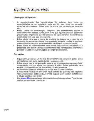 [Digite
Equipe de Supervisão
Coisas para você pensar:
• A conscientização das características do autismo, bem como as
especificidades de um estudante pode ser útil para evitar ou gerenciar
situações perturbadoras. Saber quem os alunos com necessidades especiais
são.
• Esteja ciente da comunicação complexa, das necessidades sociais e
comportamentais desses alunos, bem como que algumas crianças podem ter
prejudicado o julgamento ou estar em risco de fugir; alertar os funcionários da
escola caso você veja algo preocupante.
• Esteja alerta para que o cheiro de produtos de limpeza ou o som de um
aspirador de pó não represente uma agressão sensorial - saber o que fazer
para evitar ou administrar as necessidades particulares de um estudante.
• Esteja ciente da vulnerabilidade social desta população de estudantes e a
propensão para serem vítimas de comportamentos intimidadores; informar ao
pessoal, se você observar situações que julgar preocupantes.
Estratégias
• Fique calmo, positivo e um modelo de comportamento apropriado para o aluno
com autismo, bem como outros alunos - saudações, etc.
• Esteja ciente que a comunicação social e as preocupações que pode fazer
conversando com um aluno com autismo é difícil. Esteja preparado para
esperar por uma resposta, se é uma ação ou resposta verbal.
• Dê instruções positivas e minimize o uso de "não" e "pare" exemplo:
É muito mais positivo um "Por favor, fique ao lado" do que 'Não pise na grama
"para um aluno que pode não ouvir o "não' ou para quem não tem certeza onde
é o lugar aceitável para andar.
• Use About Me para conhecer fatos relevantes sobre cada aluno. Preferências,
medos, necessidades, dúvidas etc..
 