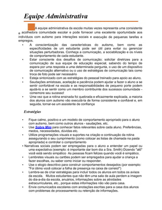Equipe Administrativa
A equipe administrativa da escola muitas vezes representa uma consistente
e acolhedora comunidade escolar e pode fornecer uma excelente oportunidade aos
indivíduos com autismo para interações sociais e execução de pequenas tarefas e
empregos.
• A conscientização das características do autismo, bem como as
especificidades de um estudante pode ser útil para evitar ou gerenciar
situações perturbadoras. Conheça a comunicação, a sociabilização e os níveis
de comportamento de cada estudante.
• Estar consciente dos desafios de comunicação; solicitar diretrizes para a
comunicação de sua equipe de educação especial, sabendo do tempo de
espera por uma resposta a uma determinada pergunta, o uso de um dispositivo
de comunicação alternativo ou o uso de estratégias de comunicação tais como
troca de foto pode ser necessário
• Esteja sintonizado com as estratégias do pessoal treinado para apoio ao aluno.
• Saudações amistosas, aceitação e paciência podem ajudar a fazer o aluno a se
sentir confortável na escola e as responsabilidades de pequeno porte podem
ajudá-lo a se sentir como um membro contribuinte dos sucessos comunidade -
comemore seu sucesso!
• Uma vez que a rotina ensinada foi quebrada e eficazmente explicada, a maioria
dos alunos com autismo vão executá-la de forma consistente e confiável e, em
seguida, tornar-se um assistente de confiança
Estratégias
• Fique calmo, positivo e um modelo de comportamento apropriado para o aluno
com autismo, bem como outros alunos - saudações, etc.
• Use Sobre Mim para conhecer fatos relevantes sobre cada aluno. Preferências,
medos, necessidades, dúvidas etc.
• Utilize programações visuais e suportes na criação e continuação da rotina
assegurando o seu cumprimento (como colocar as listas de chamada na pasta
apropriada) e controlar o comportamento
• Narrativas sociais podem ser empregadas para o aluno a entender um papel ou
uma expectativa (exemplo: é importante dar bom dia a Sra. Smith) Dizendo "alô"
você está sendo simpático As pessoas ficam felizes quando você é simpático.
• Lembretes visuais ou cartões podem ser empregados para ajudar a criança a
fazer escolhas, ou saber como iniciar ou responder.
• Use o elogio descritivo para construir comportamentos desejados (por exemplo:
"Foi ótimo você colocar a folha de presença na caixa de correio!")
• Lembre-se de criar estratégias para incluir todos os alunos em todos os avisos
da escola. Muitos estudantes que não têm uma sala de aula perdem a imagem
do dia-a-dia da escola, anuários, informações sobre as atividades
extracurriculares, etc., porque estas informações não vão para casa.
• Envie comunicados escolares com anotações escritas para a casa dos alunos
com problemas de processamento ou retenção de informações.
 