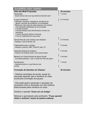 Assembléia sobre Autismo
Sala das Multi Propostas 30 minutos
Introdução
-Quem somos nós e por que estamos fazendo isso?
1 minuto
O que é Autismo?
-Definição, exemplos, estatísticas, tendências de
gênero, aumento da incidência, co-morbidades
-Mostra de vídeo clips de várias pessoas com autismo
com diferentes habilidades de comunicação
ƒ Temple Grandin
ƒ Normal People Scare Me [Pessoas normais me
assustam]
ƒ Autism Everyday [Autismo Sempre]
ƒ Five for Fighting [Cinco para lutar]
2.5 minutos
Sendo Pais de uma Criança com Autismo
-Desafios, vida de família, etc.
2.5 minutos
Tratamentos para o Autism
-Intensiva, precoce, ABA, TEACCH, fala, OT
2 minutos
Aspectos Sociais do Autismo
-Impacto da situação social, como posso ajudar
2 minutos
Membro do Clube Escolar de Apoio Social
-Conexões pessoais, o que o Clube tem feito até agora
4 minutos
Fechamento
-Agradecimentos e o que faremos nas
turmas
1 minuto
Formação de Sessões em Classes 30 minutos
- Distribuir psicólogos da escola, equipe de
educação especial, pais e membros do clube
social para a formação dos grupos
- Discussão geral e perguntas e respostas (se
necessário iniciar a discussão com três histórias
lidas/contadas pelos membros do clube
Distribuir a apostila “Como ser um Amigo”.
Reforçar o aprendizado pelo sentimento “O que aprendi
Sobre o Autismo” peças de quebra-cabeças.
 