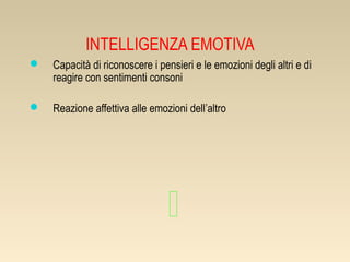 INTELLIGENZA EMOTIVA


Capacità di riconoscere i pensieri e le emozioni degli altri e di
reagire con sentimenti consoni



Reazione affettiva alle emozioni dell’altro

 