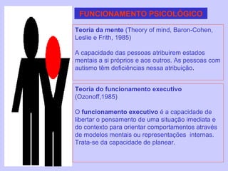 Teoria da mente  (Theory of mind, Baron-Cohen, Leslie e Frith, 1985) A capacidade das pessoas atribuirem estados mentais a si próprios e aos outros. As pessoas com autismo têm deficiências nessa atribuição . FUNCIONAMENTO PSICOLÓGICO Teoria do funcionamento executivo  (Ozonoff,1985) O  funcionamento executivo  é a capacidade de libertar o pensamento de uma situação imediata e do contexto para orientar comportamentos através de modelos mentais ou representações  internas.  Trata-se da capacidade de planear.  