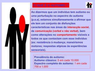 O QUE É O AUTISMO ? Ao dizermos que um indivíduo tem autismo ou uma perturbação no espectro do autismo (p.e.a), estamos simultaneamente a afirmar que ele tem um conjunto de disfunções características nas áreas da  interacção social , da  comunicação (verbal e não verbal) , bem como alterações no  comportamento  visíveis a todos os que contactam com esse indivíduo (ex: resistência à mudança; maneirismos motores; respostas atípicas às experiências sensoriais). Prevalência do autismo: Autismo clássico:  5 em cada 10.000 Espectro completo do autismo:  1 em cada 700 a 1.000 