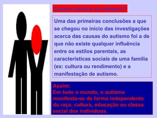 Uma das primeiras conclusões a que se chegou no início das investigações acerca das causas do autismo foi a de que não existe qualquer influência entre os estilos parentais, as características sociais de uma família (ex: cultura ou rendimento) e a manifestação de autismo. Causas Sociais do Autismo? Assim: Em todo o mundo, o autismo manifesta-se de forma independente da raça, cultura, educação ou classe social dos indivíduos. 