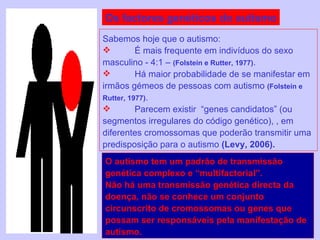 Os factores genéticos do autismo Sabemos hoje que o autismo: É mais frequente em indivíduos do sexo masculino - 4:1 –  (Folstein e Rutter, 1977) . Há maior probabilidade de se manifestar em irmãos gémeos de pessoas com autismo  (Folstein e Rutter, 1977) . Parecem existir  “genes candidatos” (ou segmentos irregulares do código genético),   , em diferentes cromossomas que poderão transmitir uma predisposição para o autismo  (Levy, 2006).   O autismo tem um padrão de transmissão genética complexo e “multifactorial”.  Não há uma transmissão genética directa da doença, não se conhece um conjunto circunscrito de cromossomas ou genes que possam ser responsáveis pela manifestação de autismo. 