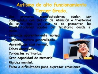 Autismo de alto funcionamientoTercer Grado.Sus primeras manifestaciones suelen ser confundidas con Déficit de Atención o trastornos de otro tipo, ya que no se presentan las manifestaciones agudas del trastorno desde el inicio. Lenguaje aparentemente  normal. Torpeza motora generalizada. Aprendizaje casi normal. Ideas obsesivas. Conductas rutinarias. Gran capacidad de memoria. Rigidez mental.Falta o dificultades para expresar emociones.