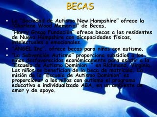 BECASLa “Sociedad de Autismo New Hampshire” ofrece la “Charlene Wood Memorial” de Becas.“Harry Gregg Fundación” ofrece becas a los residentes de Nueva Hampshire con dicapacidades físicas, intelectuales o emocionales.“ÁNGEL Inc”. ofrece becas para niños con autismo.“La Subvención Autismo” proporciona subsidios a los niños desfavorecidos económicamente para asistir a la “Escuela de Autismo Dominion ” en Richmond, Virginia. Los niños se benefician de la beca de matrícula. La misión de la “Escuela de Autismo Dominion” es proporcionar a los niños con autismo el programa educativo e individualizado ABA, en un ambiente de amor y de apoyo. 