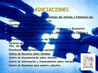 ASOCIACIONESServicio de Formación para Profesionales del Autismo y Familiares son:Celebración de Cursos de Formación. Coordinación de Grupos de Trabajo. Organización de Jornadas, Simposiums, Congresos y EncuentrosRepresentación Institucional frente a  Administraciones Públicas e Instituciones Privadas:Defensor de los Derechos de las Personas con TEA. y sus Familias. Portavoz de las Asociaciones de Padres Protectoras de Personas con TEA. del Estado Español. Plataforma de representación nacional e internacionalCentro de Recursos sobre Autismo:Centro de Documentación sobre Autismo. Centro de Información y Asesoramiento sobre Autismo. Centro de Reuniones para nuestro colectivo