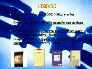 LIBROSSigman.M y Capps.L(2000).Niños y niñas autistas.Riviere.A. (2000). El niño pequeño con autismo. MadridRiviere.A. (2001). Autismo orientaciones para la intervención educativa. Madrid.Siegel.B.(2007). Helpingchildrenwithautismlearn. Oxford UniversityPress.