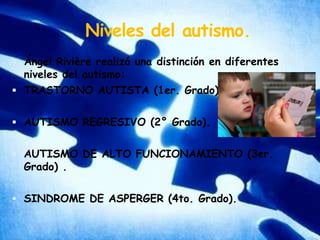 Niveles del autismo.Ángel Rivière realizó una distinción en diferentes niveles del autismo:TRASTORNO AUTISTA (1er. Grado).AUTISMO REGRESIVO (2° Grado).AUTISMO DE ALTO FUNCIONAMIENTO (3er. Grado) .SINDROME DE ASPERGER (4to. Grado).