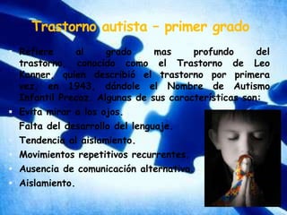 Trastorno autista – primer gradoRefiere al grado mas profundo del trastorno, conocido como el Trastorno de Leo Kanner, quien describió el trastorno por primera vez, en 1943, dándole el Nombre de Autismo Infantil Precoz. Algunas de sus características son: Evita mirar a los ojos. Falta del desarrollo del lenguaje. Tendencia al aislamiento. Movimientos repetitivos recurrentes. Ausencia de comunicación alternativa. Aislamiento. 