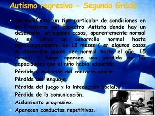 Autismo regresivo - Segundo GradoSe manifiesta un tipo particular de condiciones en el Trastorno del Espectro Autista donde hay un desarrollo, en algunos casos, aparentemente normal y en otros un desarrollo normal hasta aproximadamente los 18 meses ( en algunos casos el desarrollo puede ser normal hasta el año, 15 meses) y luego aparece una pérdida de las capacidades que el niño había adquirido.Pérdida y evitación del contacto ocular. Pérdida del lenguaje. Pérdida del juego y la interacción social. Pérdida de la comunicación. Aislamiento progresivo. Aparecen conductas repetitivas.
