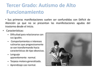 Tercer Grado: Autismo de Alto
  Funcionamiento
  • Sus primeras manifestaciones suelen ser confundidas con Déficit de
  Atención ya que no se presentan las manifestaciones agudas del
  trastorno desde el inicio.
• Características:
   – Dificultad para relacionarse con
     sus iguales.
   – Comportamientos e intereses
     rutinarios que progresivamente
     se van transformando hacia
     características de tipo obsesivas.
   – Lenguaje
     aparentemente normal.
   – Torpeza motora generalizada.
   – Aprendizaje casi normal.
 