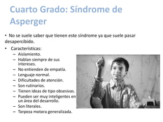 Cuarto Grado: Síndrome de
  Asperger
• No se suele saber que tienen este síndrome ya que suele pasar
desapercibido.
• Características:
   – Aislamiento.
   – Hablan siempre de sus
     intereses.
   – No entienden de empatía.
   – Lenguaje normal.
   – Dificultades de atención.
   – Son rutinarios.
   – Tienen ideas de tipo obsesivas.
   – Pueden ser muy inteligentes en
     un área del desarrollo.
   – Son literales.
   – Torpeza motora generalizada.
 