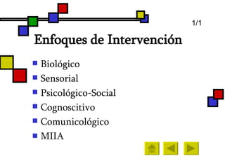 Enfoques de Intervención   Biológico  Sensorial Psicológico-Social Cognoscitivo Comunicológico MIIA 1/1 