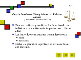 Carta de Derechos de Niños y Adultos con Síndrome Autismo  (Ley N ú mero 103 del A ñ o 2004) Esta ley reafirma y confirma los derechos de los individuos con autismo sin importar raza, color o edad. Los individuos con autismo tienen derecho a : Salud Educación Dicha ley garantiza la protección de los niños/as con autismo.   1/1 