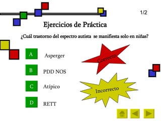 ¿ Cuál trastorno del espectro autista  se manifiesta solo en niñas?   A   B   C D Asperger PDD NOS Atípico   RETT Incorrecto  Correcto   1/2 Ejercicios de Práctica 