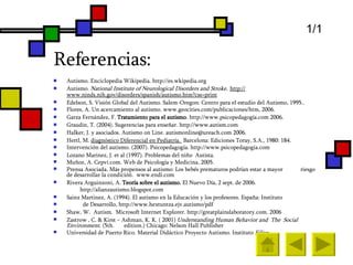 Referencias: Autismo. Enciclopedia Wikipedia.  http://es.wkipedia.org Autism o.  National Institute of Neurological Disorders and Stroke.   http:// www.ninds.nih.gov/disorders/spanish/autismo.htm?css =print   Edelson, S. Visión Global del Autismo. Salem-Oregon: Centro para el estudio del Autismo, 1995.. Flores, A. Un acercamiento al autismo.  www.geocities.com /publicaciones/htm , 2006. Garza Fernández, F.  Tratamiento para el autismo .  http:// www.psicopedagogía.com  2006.  Graudin, T. (2004). Sugerencias para enseñar.  http:// www.autism.com Halker, J. y asociados.  Autismo on Line.  [email_address]   2006.  Hertl, M.  diagnóstico Diferencial en Pediatría.  Barcelona: Ediciones Toray, S.A., 1980: 184.  Intervención del autismo. (2007). Psicopedagogía.  http:// www.psicopedagogia.com Lozano Marinez, J. et al (1997). Problemas del niño  Autista.  Muñoz, A. Cepvi.com. Web de Psicología y Medicina, 2005. Prensa Asociada. Más propensos al autismo: Los bebés prematuros podrían estar a mayor  riesgo de desarrollar la condición.  www.endi.com   Rivera Arguinzoni, A.  Teoría sobre el autismo.  El Nuevo Día, 2 sept. de 2006.   http://alianzautismo.blogspot.com Sainz Martinez, A. (1994).  El autismo en la Educación y los profesores. España: Instituto  de Desarrollo,  http:// www.hextuntza.ejv.autismo / pdf Shaw, W.  Autism.  Microsoft Internet Explorer.  http://greatplainslaboratory.com .  2006 Zastrow , C. & Kirst – Ashman, K. K. ( 2001)  Understanding Human Behavior   and  The  Social  Environment .  (5th.  edition.) Chicago: Nelson Hall Publisher  Universidad de Puerto Rico. Material Didáctico Proyecto Autismo. Instituto  Filius   1/1 