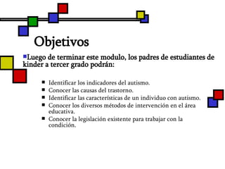 Objetivos Identificar los indicadores del autismo.  Conocer las causas del trastorno. Identificar las características de un individuo con autismo.   Conocer los diversos métodos de intervención en el área educativa. Conocer la legislación existente para trabajar con la condición.   Luego de terminar este modulo, los padres de estudiantes de kinder a tercer grado   podrán :   
