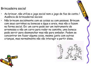 Brincadeira socialAo brincar, não utiliza o jogo social nem o jogo de faz de conta / Ausência de brincadeiras sociaisNão brincam socialmente com as coisas ou com pessoas. Brincam com seus carrinhos ou bonecas e água e areia, mas não o fazem na forma social. Ex: um carro pode ser um instrumento de arremesso e não um carro para rodar no caminho, uma boneca pode servir para desmanchar mas não para embalar. Podem se concentrar em fazer alguma coisa, mesmo junto com outras crianças, mas normalmente não vão interagir a partir disso. 