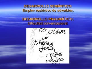 DESARROLLO SEMÁNTICO.
Empleo restrictivo de adverbios.

DESARROLLO PRAGMÁTICO.
  Dificultad conversacional.
 