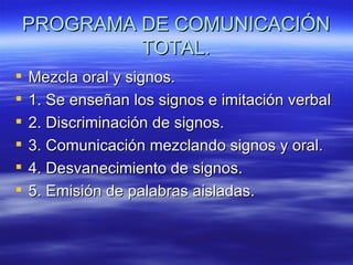 PROGRAMA DE COMUNICACIÓN
         TOTAL.
   Mezcla oral y signos.
   1. Se enseñan los signos e imitación verbal
   2. Discriminación de signos.
   3. Comunicación mezclando signos y oral.
   4. Desvanecimiento de signos.
   5. Emisión de palabras aisladas.
 