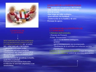 I.ELECCION DE LA HABILIDAD desde
                                                Una perspectiva terapéutica.CRITERIOS:
                                                -Que el niño la realice con determinado
                                                nivel de ayuda.
                                                -Que tenga un valor ecológico.
                                                -generalizada con facilidad.
                                                -colaboración de la familia y de otro
                                                Personal de apoyo.



                                                  3.AYUDAS PARA LA ENSEÑANZA DE
         2..ENSEÑANZA DE                          LA HABILIDAD.
           LA ACTIVIDAD.                          1.Sistemas motivacionales.
                                                  - Principio de Premack.
                                                  -Fichas. Precauciones:
DESCOMPOSICION DE UNA HABILIDAD
                                                       -que se de de manera contingente.
EN LAS DIFERENTES CONDUCTAS QUE                        -gradual.
LA FORMAN GARANTIZA EL AVANCE                          -que el recompensante sea recompensado.
DEL APRENDIZAJE. CRITERIOS:                            - Realización de la actividad con refuerzos sociales
1.Adecuación en la rutina escolar.                     (Aprobación).
2.Regularidad.-garantiza el progreso.             2.Sistema de seguimiento de registros( hojas de registro)
3.Instrucciones: que tengan palabras claras
que el entienda y darlas con lentitud dando
                                                  3 Control de esfínteres( control de micción y defecación).
atención al niño.
4.Ayudas:sistemas de aprendizaje, la familia,
ayuda física al principio.
5.Técnicas:Encadenamiento hacia atrás.
6.Utilización de materiales adaptándose a sus
características.
 