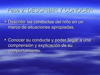 Fase 2: DESCRIBIR Y CONOCER
 Describir las conductas del niño en un
  marco de situaciones apropiadas.

 Conocer su conducta y poder llegar a una
  comprensión y explicación de su
  comportamiento.
 