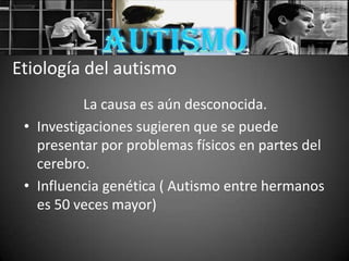 AutismoEtiología del autismo		       La causa es aún desconocida. Investigaciones sugieren que se puede presentar por problemas físicos en partes del cerebro. Influencia genética ( Autismo entre hermanos  es 50 veces mayor) 