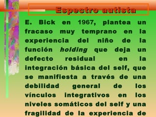 Espectro autistaEspectro autista
E. Bick en 1967, plantea un
fracaso muy temprano en la
experiencia del niño de la
función holding que deja un
defecto residual en la
integración básica del self, que
se manifiesta a través de una
debilidad general de los
vínculos integrativos en los
niveles somáticos del self y una
fragilidad de la experiencia de
 