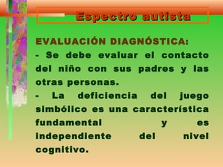 Espectro autistaEspectro autista
EVALUACIÓN DIAGNÓSTICA:
- Se debe evaluar el contacto
del niño con sus padres y las
otras personas.
- La deficiencia del juego
simbólico es una característica
fundamental y es
independiente del nivel
cognitivo.
 
