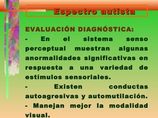 Espectro autistaEspectro autista
EVALUACIÓN DIAGNÓSTICA:
- En el sistema senso
perceptual muestran algunas
anormalidades significativas en
respuesta a una variedad de
estímulos sensoriales.
- Existen conductas
autoagresivas y automutilación.
- Manejan mejor la modalidad
visual.
 