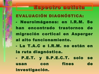 Espectro autistaEspectro autista
EVALUACIÓN DIAGNÓSTICA:
- Neuroimágenes: en I.R.M. Se
han encontrado trastornos de
migración cortical en Asperger
al alto funcionamiento.
- La T.A.C e I.R.M. no están en
la ruta diagnóstica.
- P.E.T. y S.P.E.C.T. solo se
usan con fines de
investigación.
 