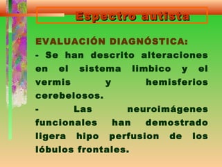 Espectro autistaEspectro autista
EVALUACIÓN DIAGNÓSTICA:
- Se han descrito alteraciones
en el sistema limbico y el
vermis y hemisferios
cerebelosos.
- Las neuroimágenes
funcionales han demostrado
ligera hipo perfusion de los
lóbulos frontales.
 