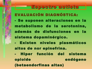 Espectro autistaEspectro autista
EVALUACIÓN DIAGNÓSTICA:
- Se suponen alteraciones en la
metabolismo de la serotonina,
además de disfunciones en la
sistema dopaminérgico.
- Existen niveles plasmáticos
altos de nor epinefrina.
- Hiper función del sistema
opioide endógeno
(betaendorfinas altas)
 