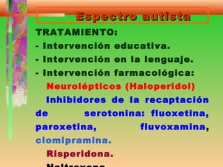 Espectro autistaEspectro autista
TRATAMIENTO:
- Intervención educativa.
- Intervención en la lenguaje.
- Intervención farmacológica:
Neurolépticos (Haloperidol)
Inhibidores de la recaptación
de serotonina: fluoxetina,
paroxetina, fluvoxamina,
clomipramina.
Risperidona.
 
