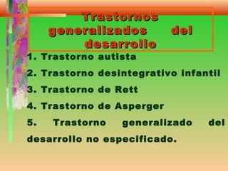 TrastornosTrastornos
generalizados delgeneralizados del
desarrollodesarrollo
1. Trastorno autista
2. Trastorno desintegrativo infantil
3. Trastorno de Rett
4. Trastorno de Asperger
5. Trastorno generalizado del
desarrollo no especificado.
 