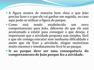  A figura mostra de maneira bem clara o que João
precisa fazer e o que ele vai ganhar em seguida, no caso
aqui pode-se utilizar a figura do parque.
 Como está sendo estabelecido um novo
comportamento para João, diferente do que ele está
acostumado a emitir para conseguir o que deseja, é
importante que a atividade proposta seja simples, fácil
e que ele consiga executar sem nenhuma dificuldade e
assim que ele fizer a atividade, elogiar muito(mas
muito mesmo) e imediatamente levá-lo ao parque.
 Ir ao parque deve ser uma consequência do
comportamento de João porque fez a atividade.
 