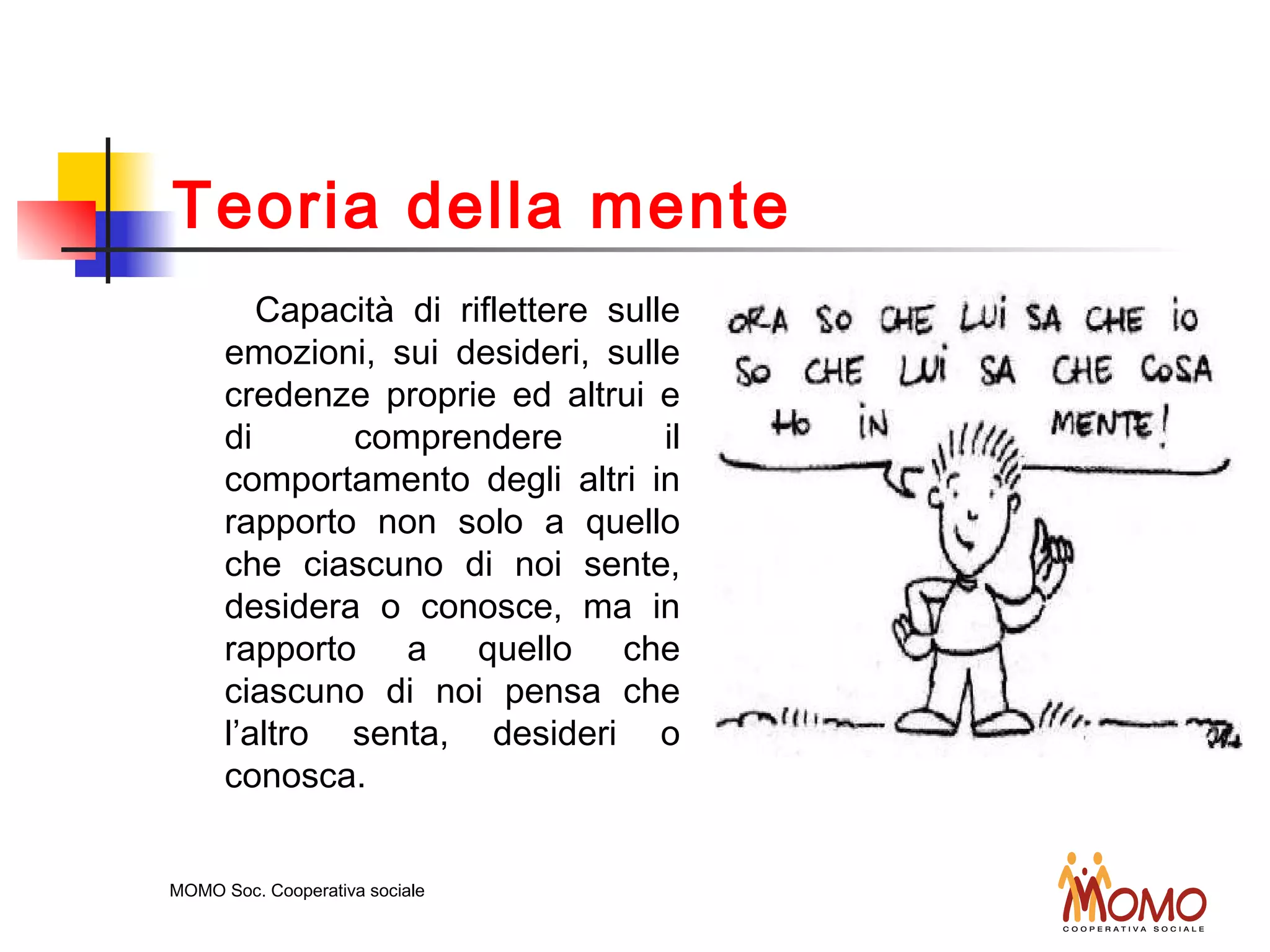 Teoria della mente
Capacità di riflettere sulle
emozioni, sui desideri, sulle
credenze proprie ed altrui e
di comprendere il
comportamento degli altri in
rapporto non solo a quello
che ciascuno di noi sente,
desidera o conosce, ma in
rapporto a quello che
ciascuno di noi pensa che
l’altro senta, desideri o
conosca.
MOMO Soc. Cooperativa sociale
 
