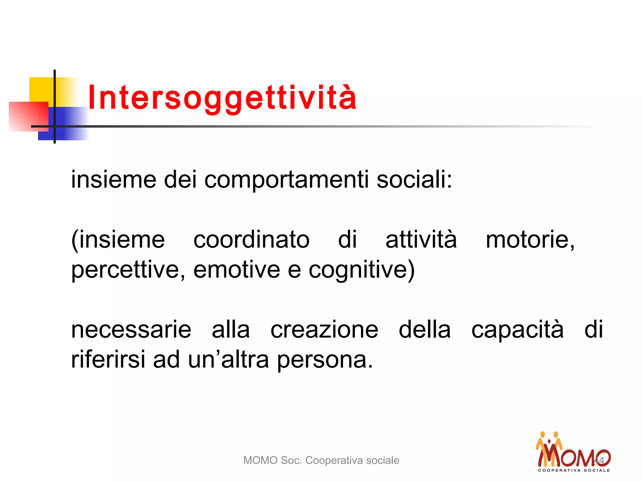 MOMO Soc. Cooperativa sociale 44
insieme dei comportamenti sociali:
(insieme coordinato di attività motorie,
percettive, emotive e cognitive)
necessarie alla creazione della capacità di
riferirsi ad un’altra persona.
Intersoggettività
 