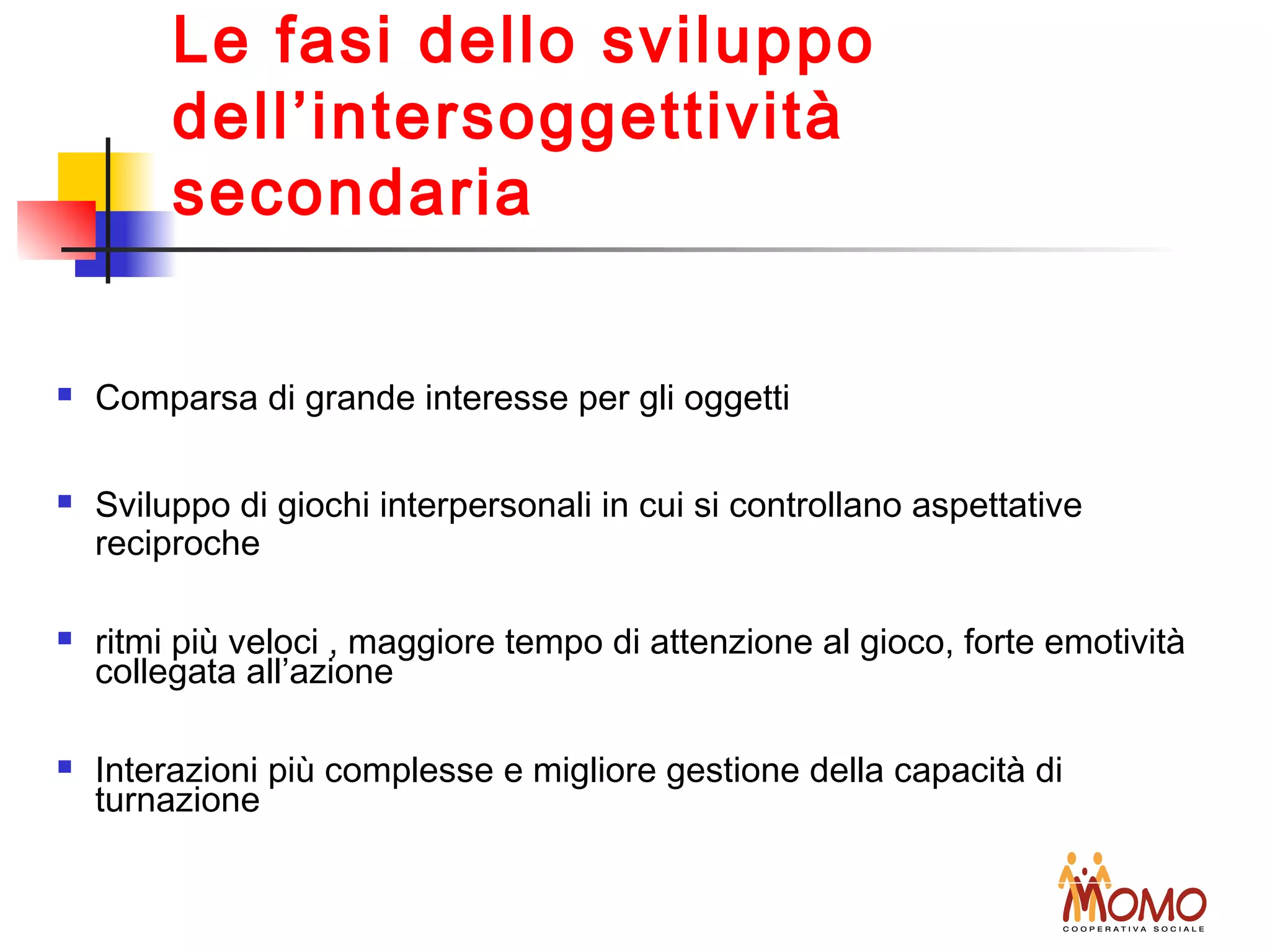  Comparsa di grande interesse per gli oggetti
 Sviluppo di giochi interpersonali in cui si controllano aspettative
reciproche
 ritmi più veloci , maggiore tempo di attenzione al gioco, forte emotività
collegata all’azione
 Interazioni più complesse e migliore gestione della capacità di
turnazione
Le fasi dello sviluppo
dell’intersoggettività
secondaria
 