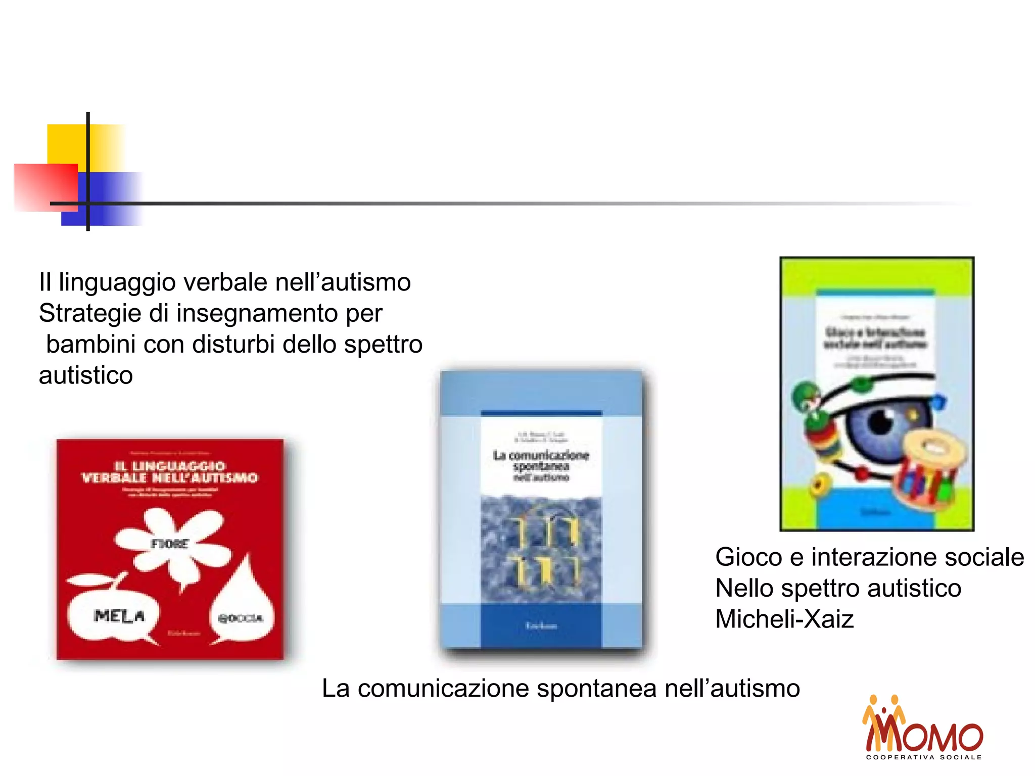 Il linguaggio verbale nell’autismo
Strategie di insegnamento per
bambini con disturbi dello spettro
autistico
Gioco e interazione sociale
Nello spettro autistico
Micheli-Xaiz
La comunicazione spontanea nell’autismo
 