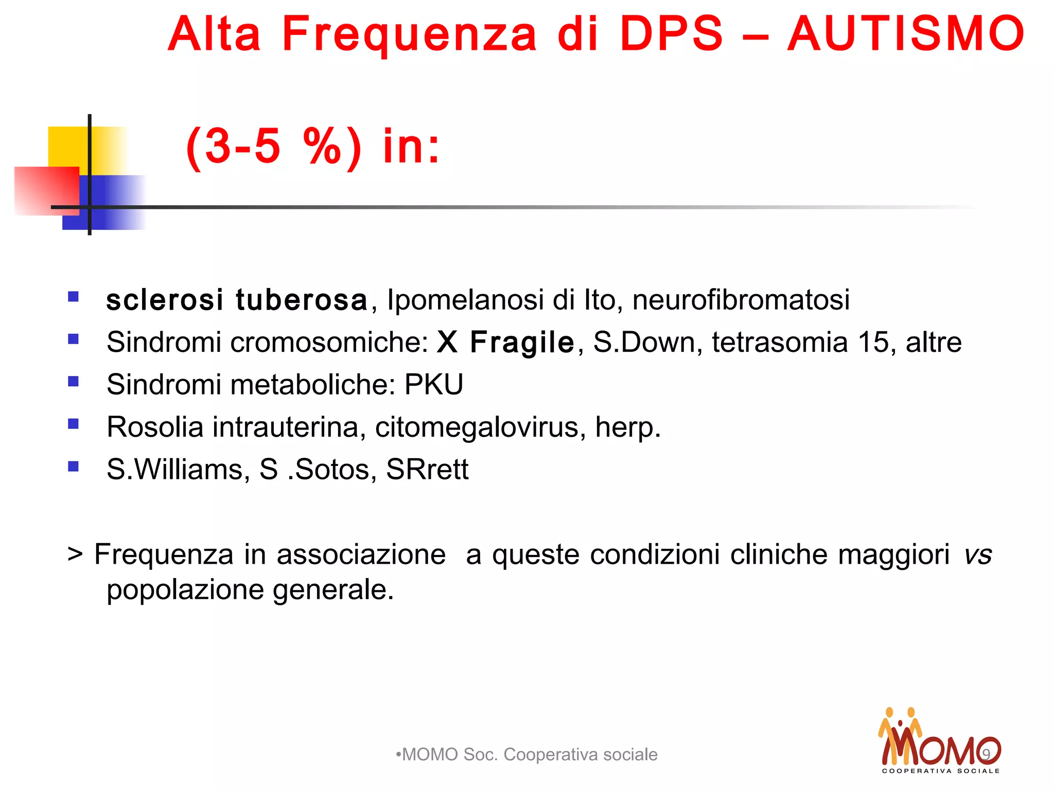Alta Frequenza di DPS – AUTISMO
(3-5 %) in:
 sclerosi tuberosa, Ipomelanosi di Ito, neurofibromatosi
 Sindromi cromosomiche: X Fragile, S.Down, tetrasomia 15, altre
 Sindromi metaboliche: PKU
 Rosolia intrauterina, citomegalovirus, herp.
 S.Williams, S .Sotos, SRrett
> Frequenza in associazione a queste condizioni cliniche maggiori vs
popolazione generale.
MOMO Soc. Cooperativa sociale 9
 