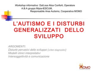 Workshop informativo: Dott.ssa Alice Conforti, Operatore
A.B.A gruppo Mipia-IESCUM,
Responsabile Area Autismo, Cooperativa MOMO

L’AUTISMO E I DISTURBI
GENERALIZZATI DELLO
SVILUPPO
ARGOMENTI:
Disturbi pervasivi dello sviluppo (criteri diagnostici)
Modelli clinici interpretativi
Intersoggettività e comunicazione

 